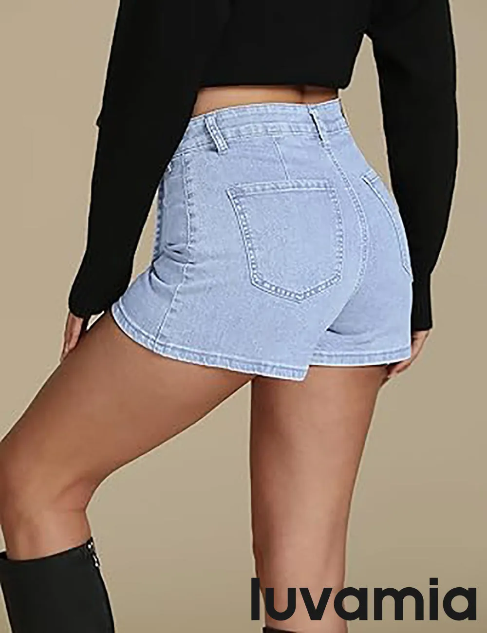 LUVAMIA Denim Skorts for Woman Cargo Faux Wrap Jean Skort Skirts Stretchy High Waisted Skirt Shorts