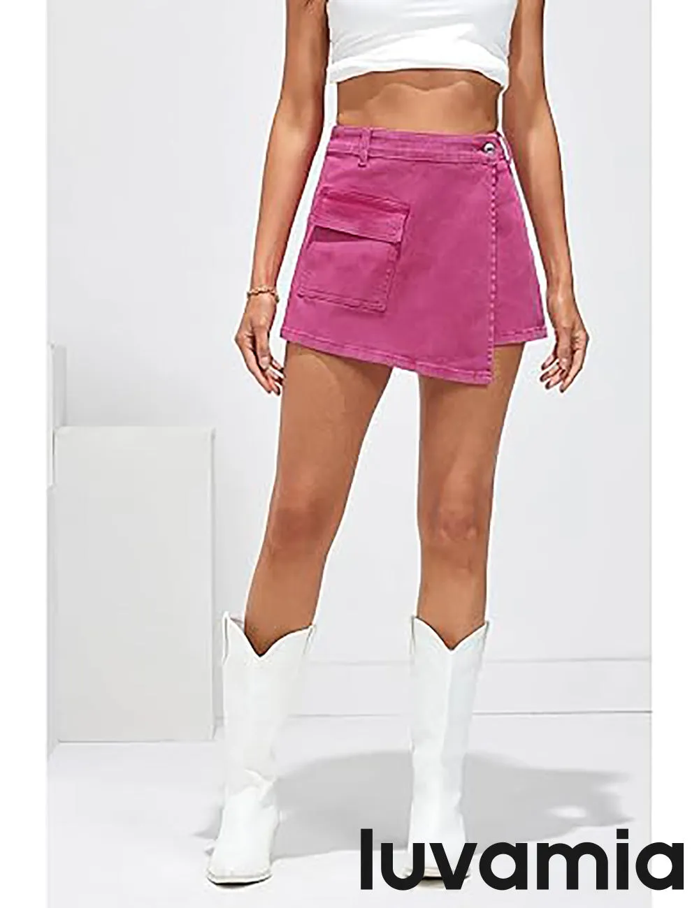 LUVAMIA Denim Skorts for Woman Cargo Faux Wrap Jean Skort Skirts Stretchy High Waisted Skirt Shorts