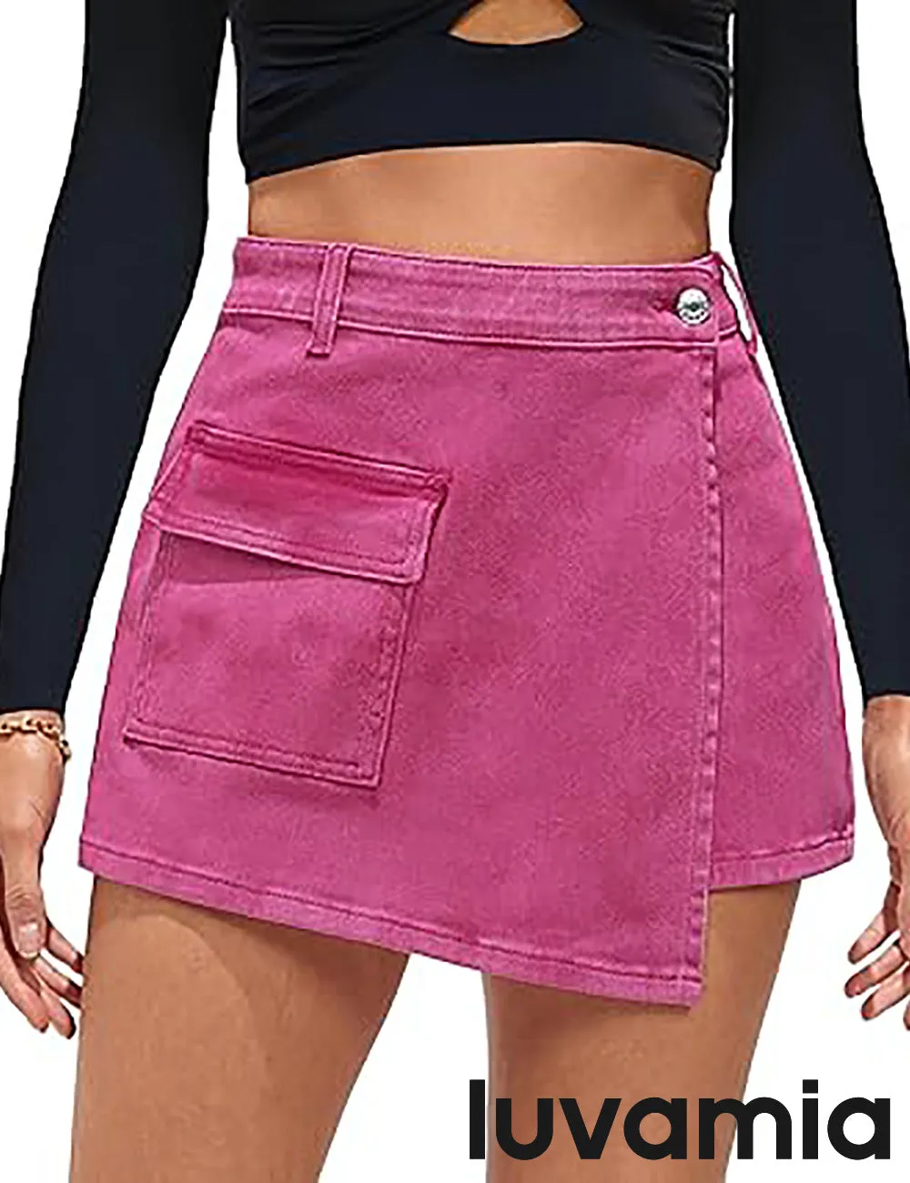 LUVAMIA Denim Skorts for Woman Cargo Faux Wrap Jean Skort Skirts Stretchy High Waisted Skirt Shorts