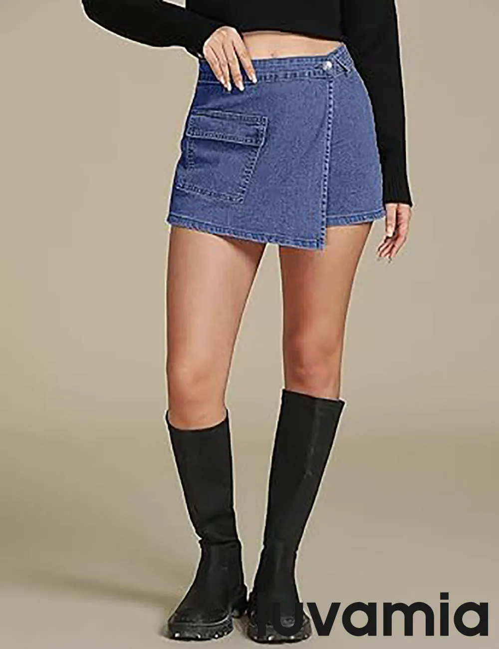 LUVAMIA Denim Skorts for Woman Cargo Faux Wrap Jean Skort Skirts Stretchy High Waisted Skirt Shorts