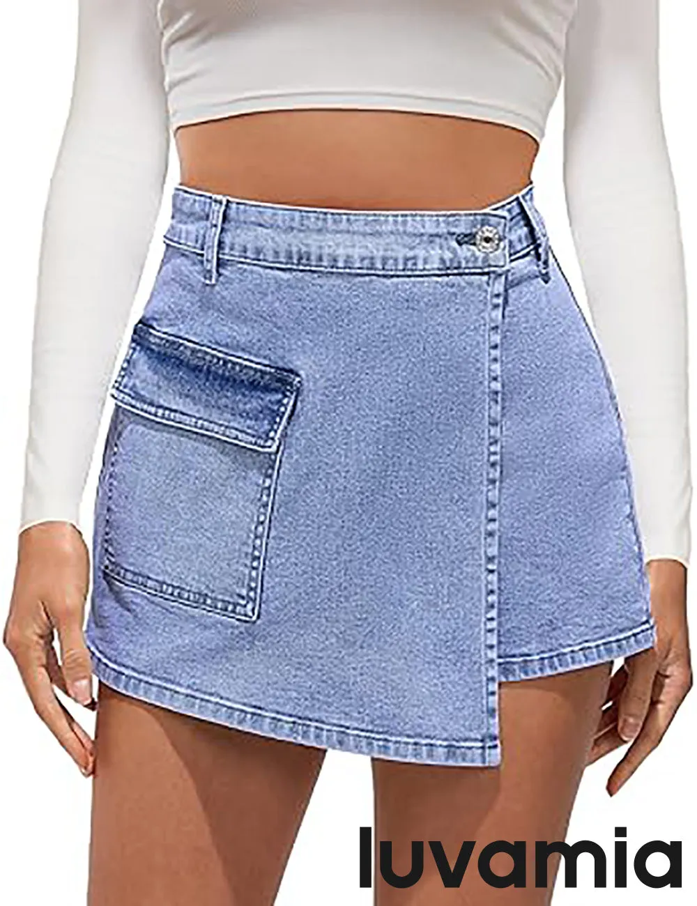 LUVAMIA Denim Skorts for Woman Cargo Faux Wrap Jean Skort Skirts Stretchy High Waisted Skirt Shorts