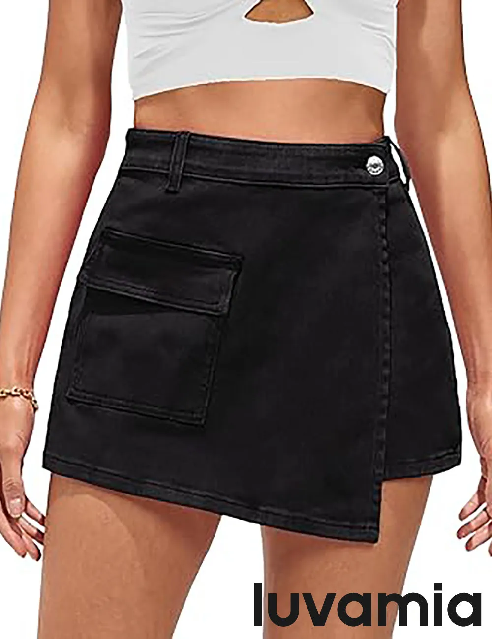 LUVAMIA Denim Skorts for Woman Cargo Faux Wrap Jean Skort Skirts Stretchy High Waisted Skirt Shorts