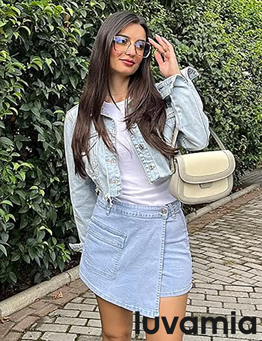 LUVAMIA Denim Skorts for Woman Cargo Faux Wrap Jean Skort Skirts Stretchy High Waisted Skirt Shorts
