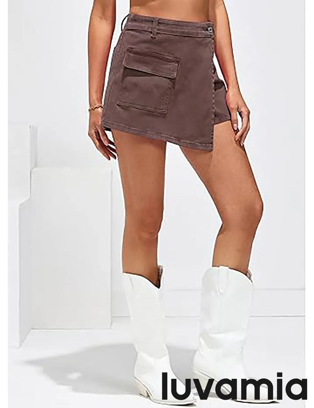 LUVAMIA Denim Skorts for Woman Cargo Faux Wrap Jean Skort Skirts Stretchy High Waisted Skirt Shorts