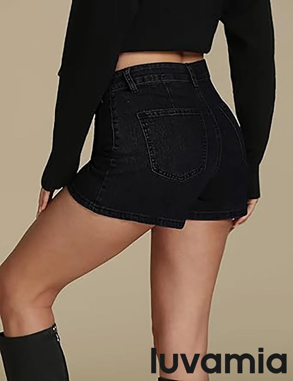 LUVAMIA Denim Skorts for Woman Cargo Faux Wrap Jean Skort Skirts Stretchy High Waisted Skirt Shorts