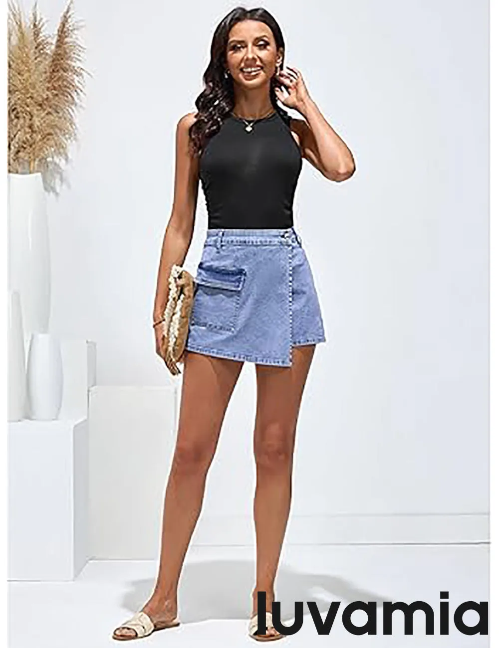 LUVAMIA Denim Skorts for Woman Cargo Faux Wrap Jean Skort Skirts Stretchy High Waisted Skirt Shorts