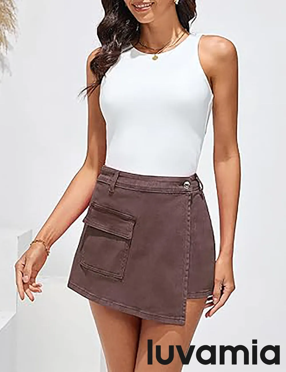 LUVAMIA Denim Skorts for Woman Cargo Faux Wrap Jean Skort Skirts Stretchy High Waisted Skirt Shorts