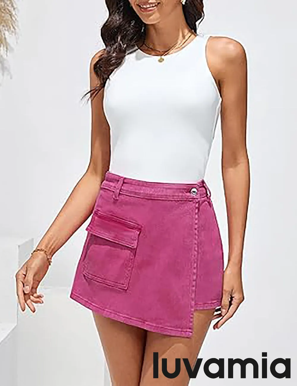 LUVAMIA Denim Skorts for Woman Cargo Faux Wrap Jean Skort Skirts Stretchy High Waisted Skirt Shorts