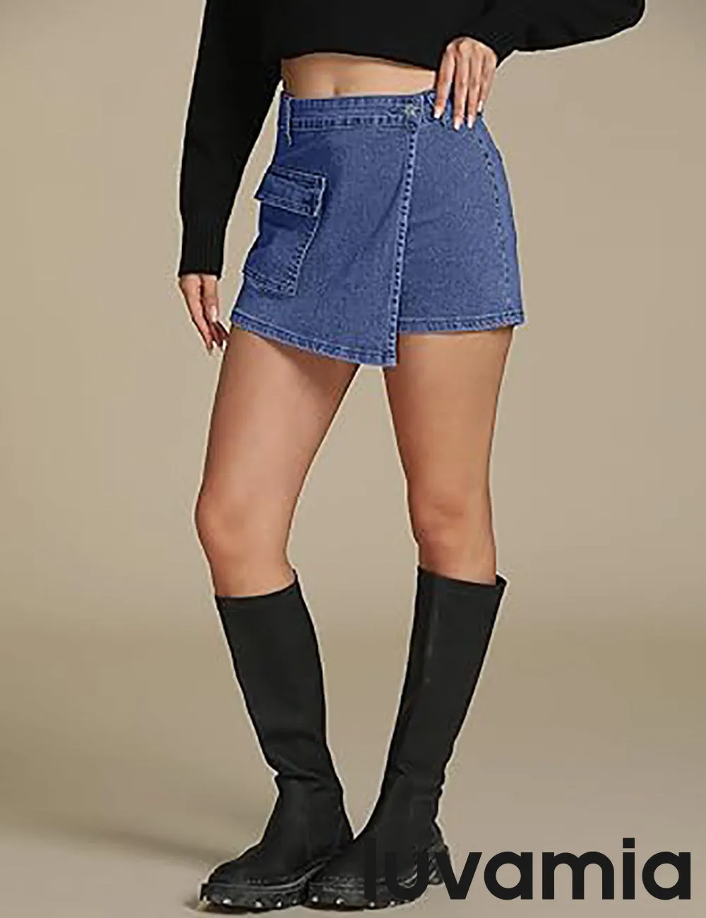 LUVAMIA Denim Skorts for Woman Cargo Faux Wrap Jean Skort Skirts Stretchy High Waisted Skirt Shorts