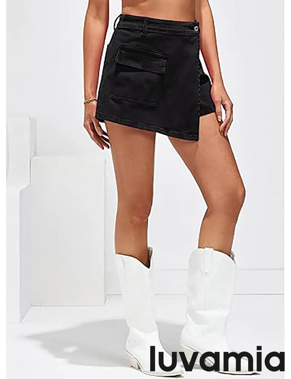 LUVAMIA Denim Skorts for Woman Cargo Faux Wrap Jean Skort Skirts Stretchy High Waisted Skirt Shorts