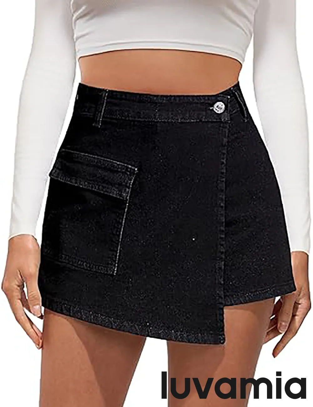 LUVAMIA Denim Skorts for Woman Cargo Faux Wrap Jean Skort Skirts Stretchy High Waisted Skirt Shorts