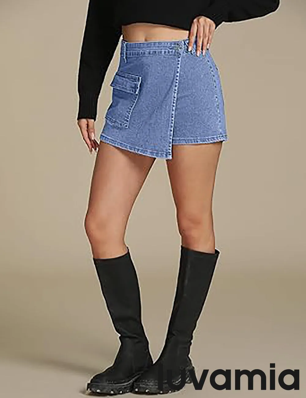 LUVAMIA Denim Skorts for Woman Cargo Faux Wrap Jean Skort Skirts Stretchy High Waisted Skirt Shorts