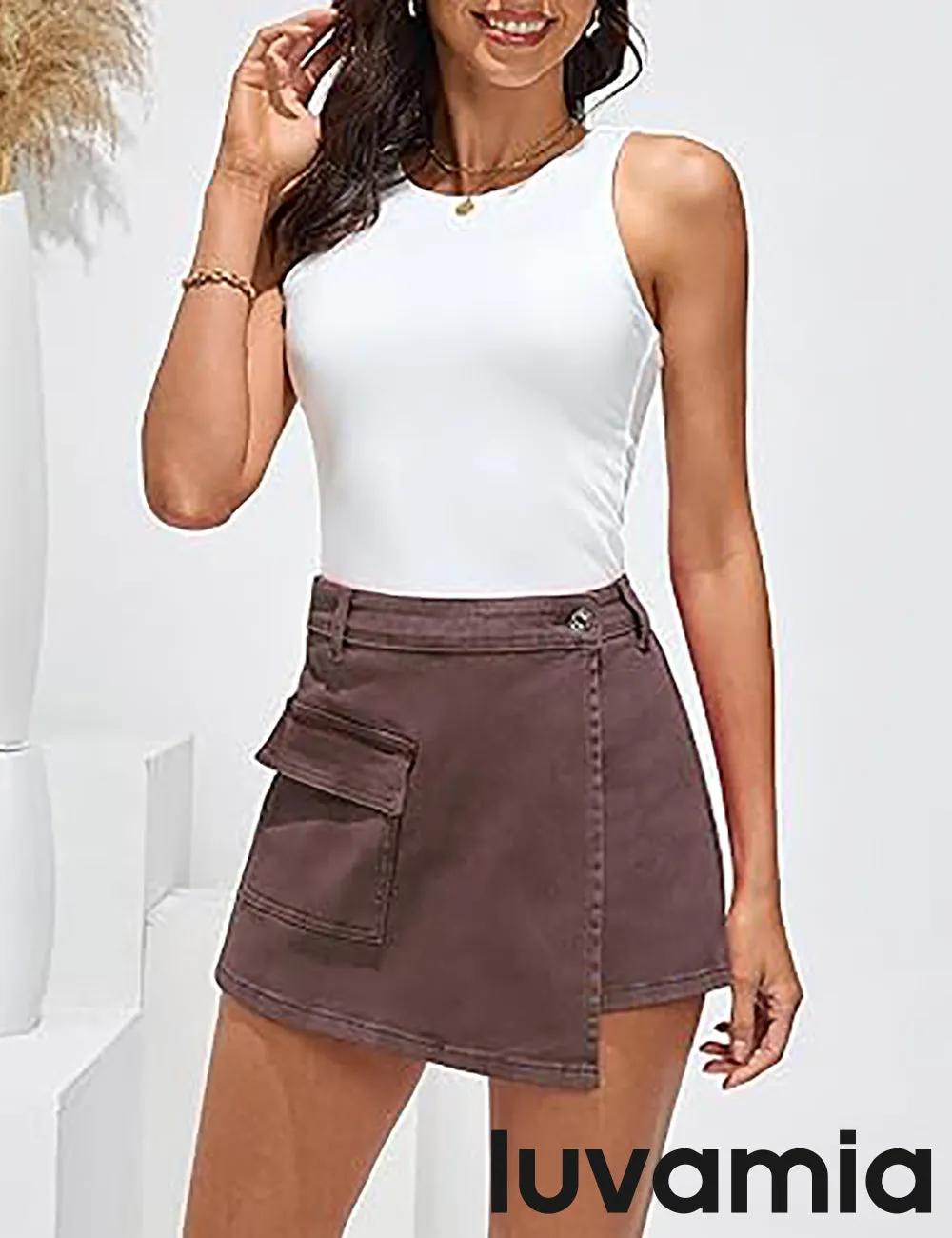LUVAMIA Denim Skorts for Woman Cargo Faux Wrap Jean Skort Skirts Stretchy High Waisted Skirt Shorts