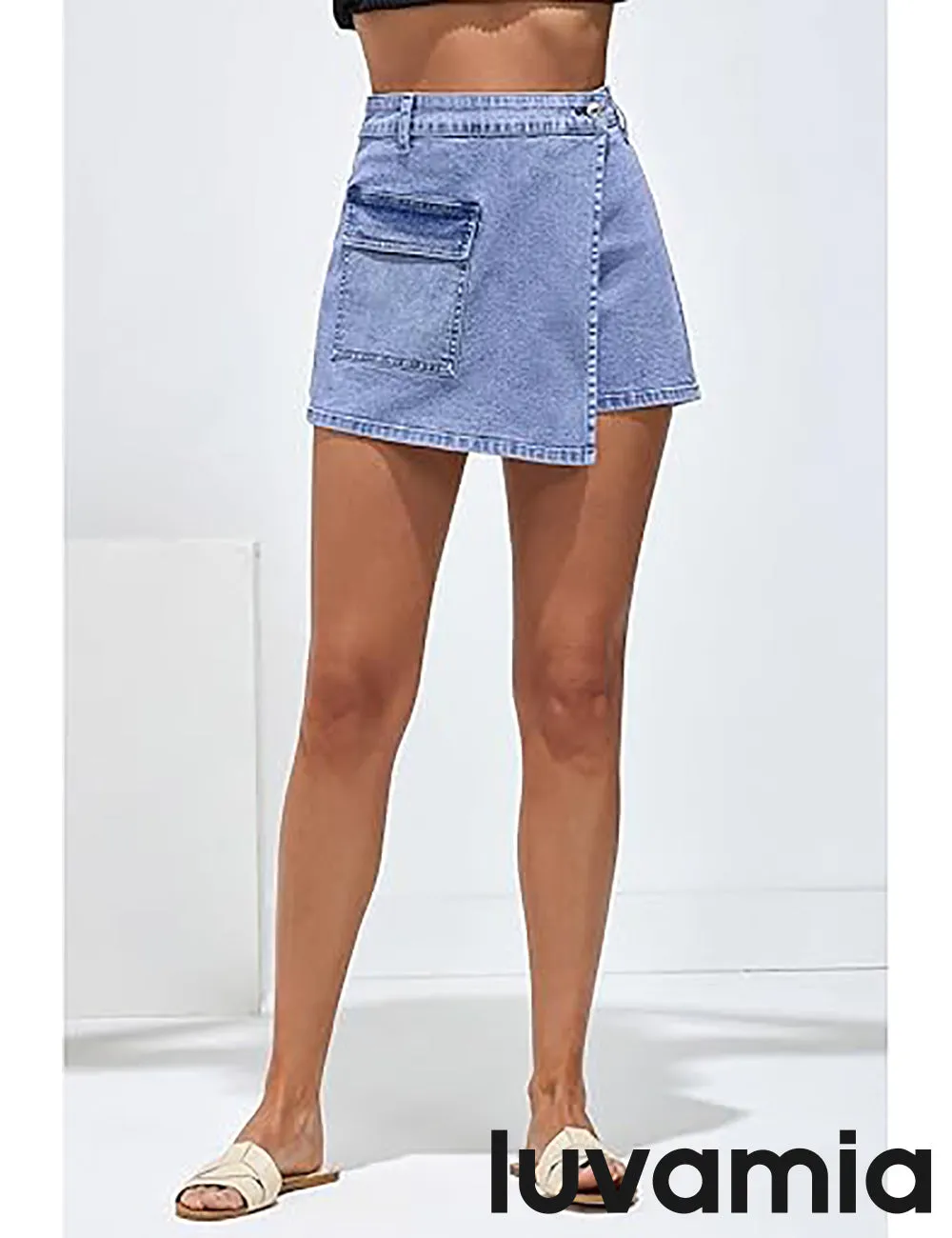 LUVAMIA Denim Skorts for Woman Cargo Faux Wrap Jean Skort Skirts Stretchy High Waisted Skirt Shorts