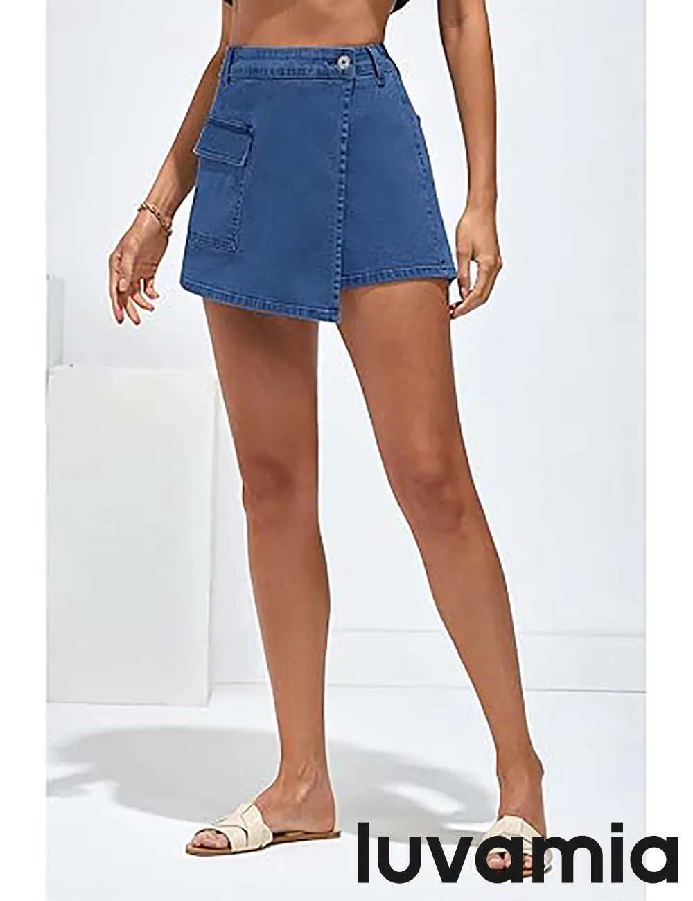 LUVAMIA Denim Skorts for Woman Cargo Faux Wrap Jean Skort Skirts Stretchy High Waisted Skirt Shorts