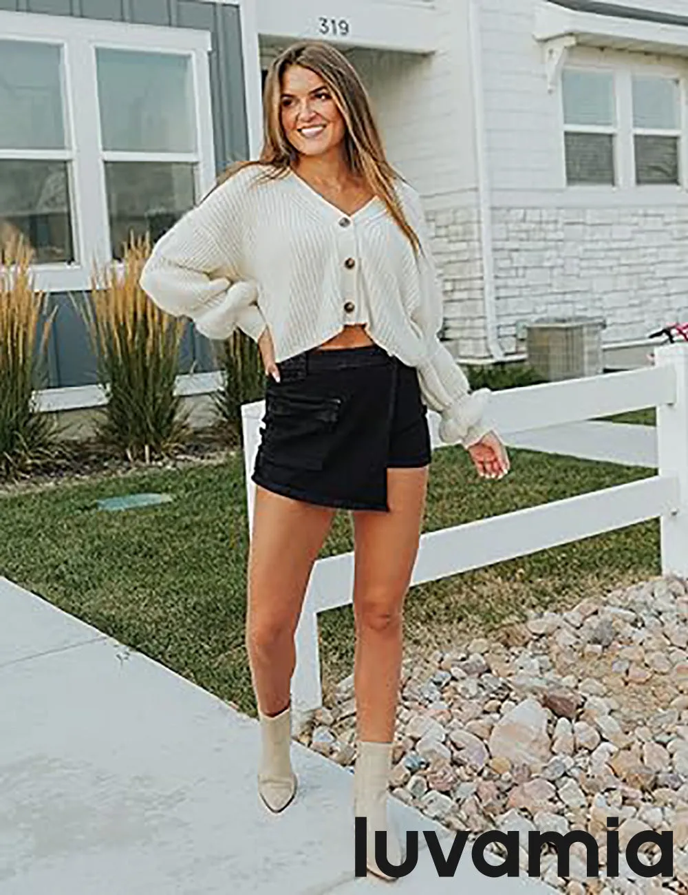 LUVAMIA Denim Skorts for Woman Cargo Faux Wrap Jean Skort Skirts Stretchy High Waisted Skirt Shorts