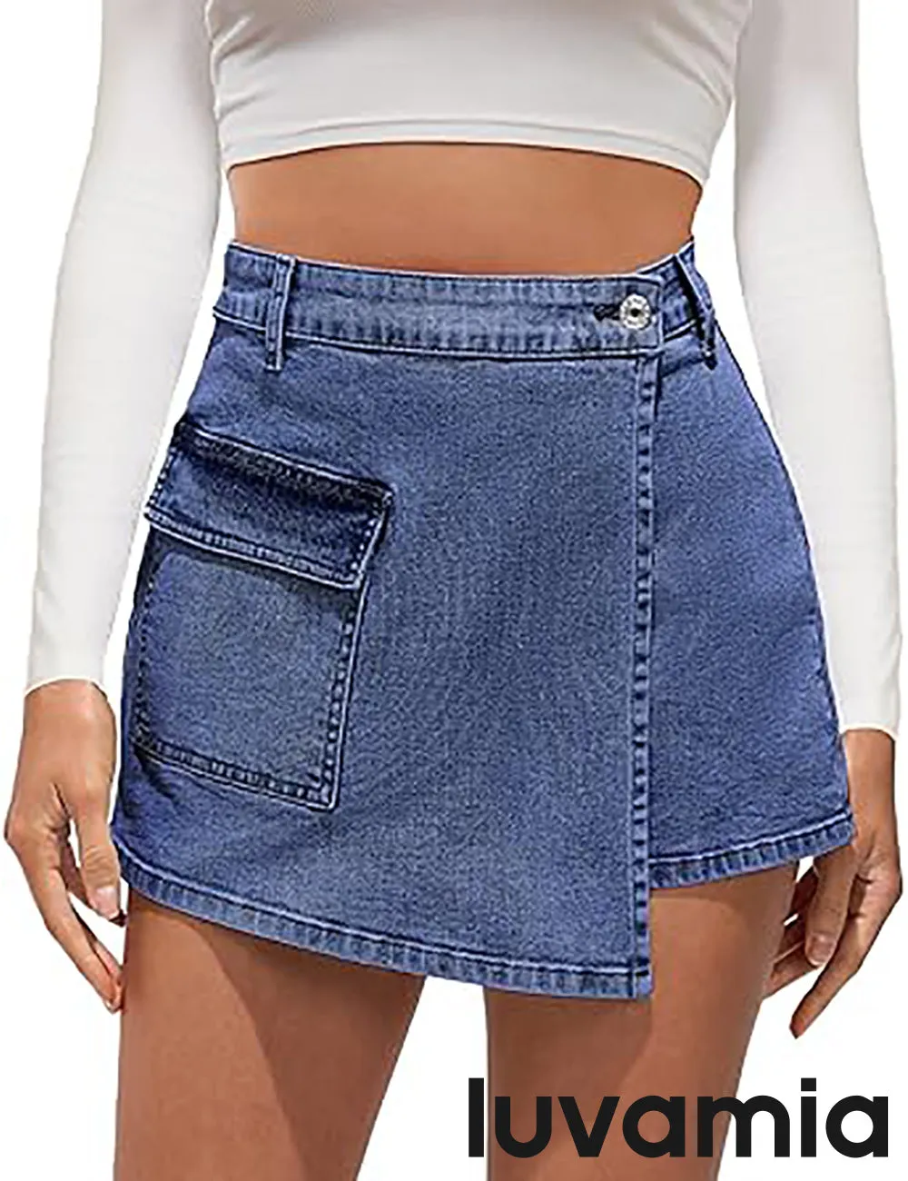 LUVAMIA Denim Skorts for Woman Cargo Faux Wrap Jean Skort Skirts Stretchy High Waisted Skirt Shorts