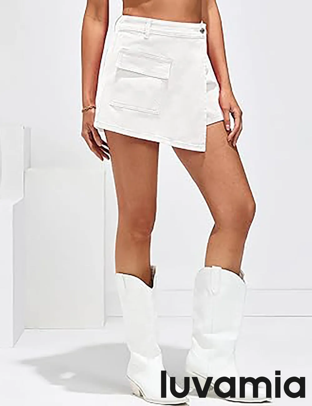 LUVAMIA Denim Skorts for Woman Cargo Faux Wrap Jean Skort Skirts Stretchy High Waisted Skirt Shorts