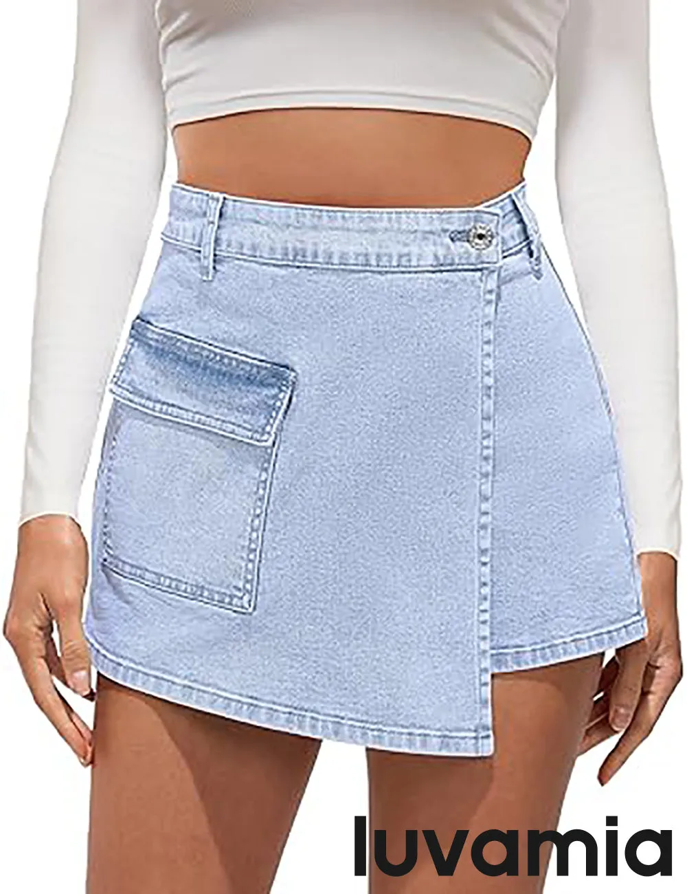 LUVAMIA Denim Skorts for Woman Cargo Faux Wrap Jean Skort Skirts Stretchy High Waisted Skirt Shorts