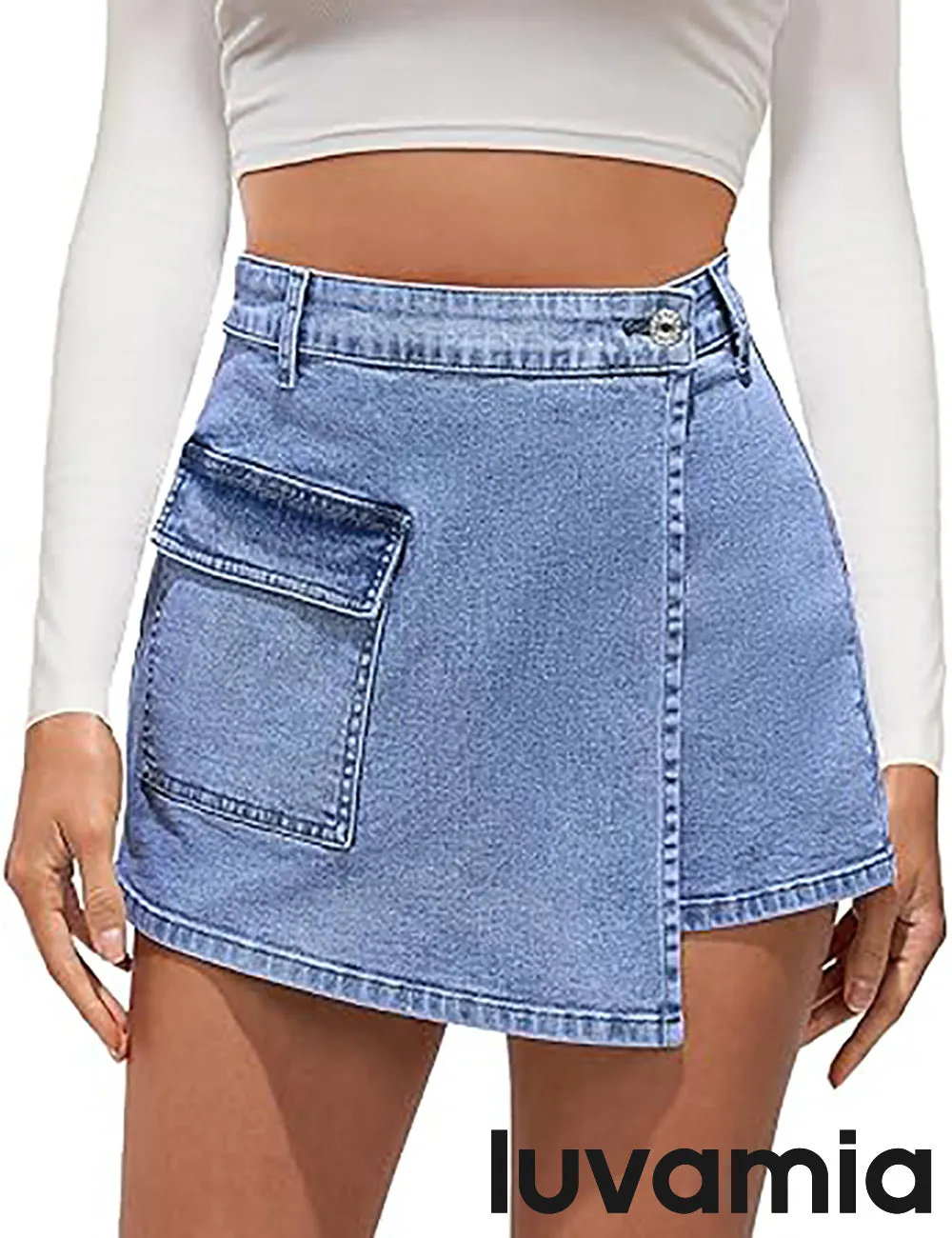 LUVAMIA Denim Skorts for Woman Cargo Faux Wrap Jean Skort Skirts Stretchy High Waisted Skirt Shorts