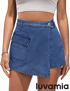 LUVAMIA Denim Skorts for Woman Cargo Faux Wrap Jean Skort Skirts Stretchy High Waisted Skirt Shorts