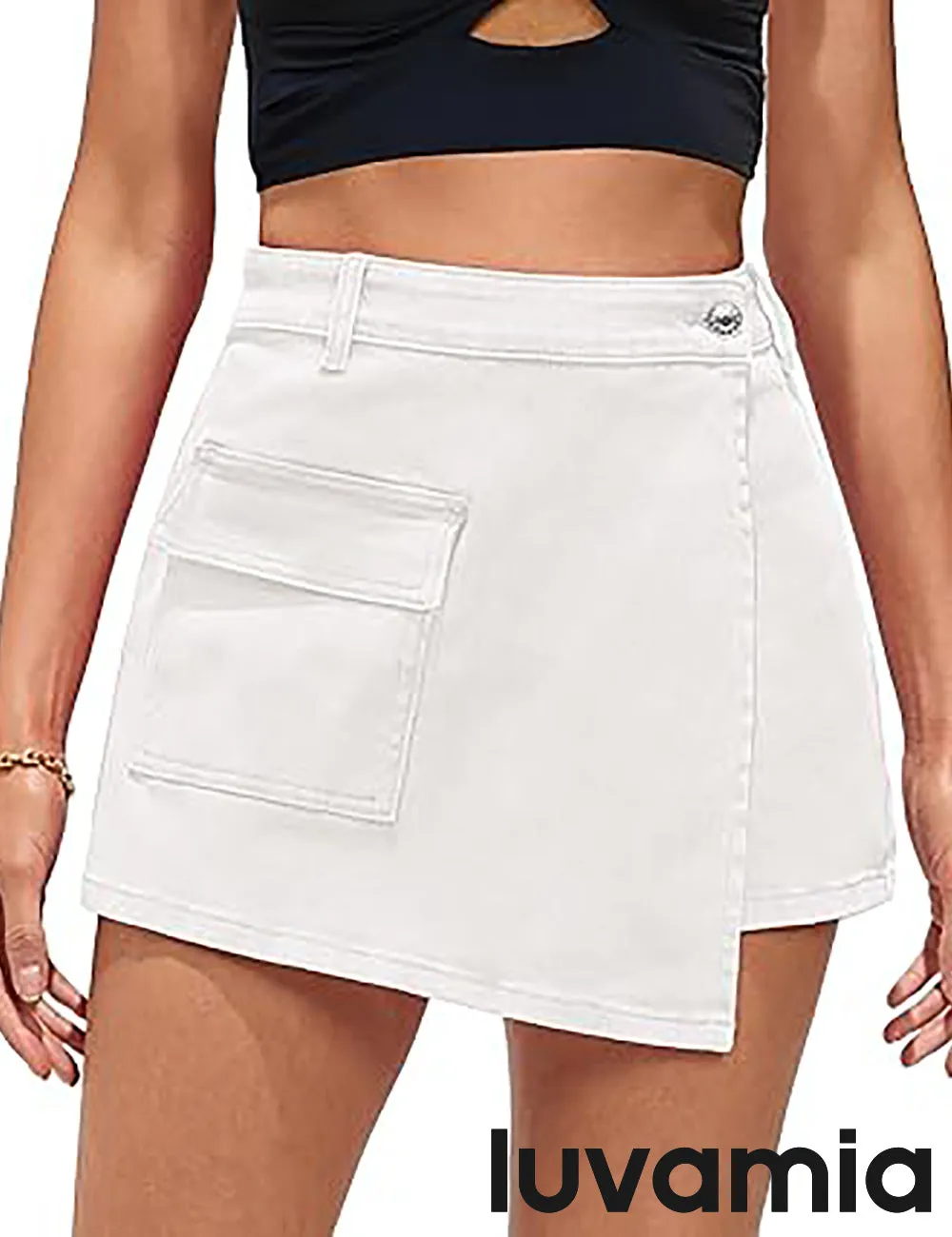 LUVAMIA Denim Skorts for Woman Cargo Faux Wrap Jean Skort Skirts Stretchy High Waisted Skirt Shorts