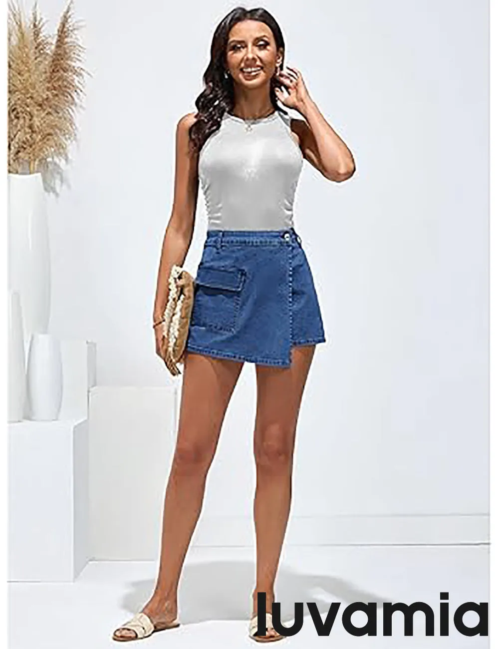 LUVAMIA Denim Skorts for Woman Cargo Faux Wrap Jean Skort Skirts Stretchy High Waisted Skirt Shorts