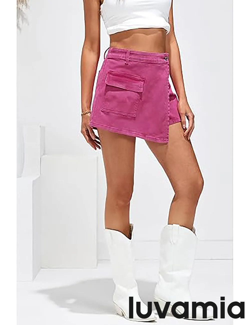 LUVAMIA Denim Skorts for Woman Cargo Faux Wrap Jean Skort Skirts Stretchy High Waisted Skirt Shorts