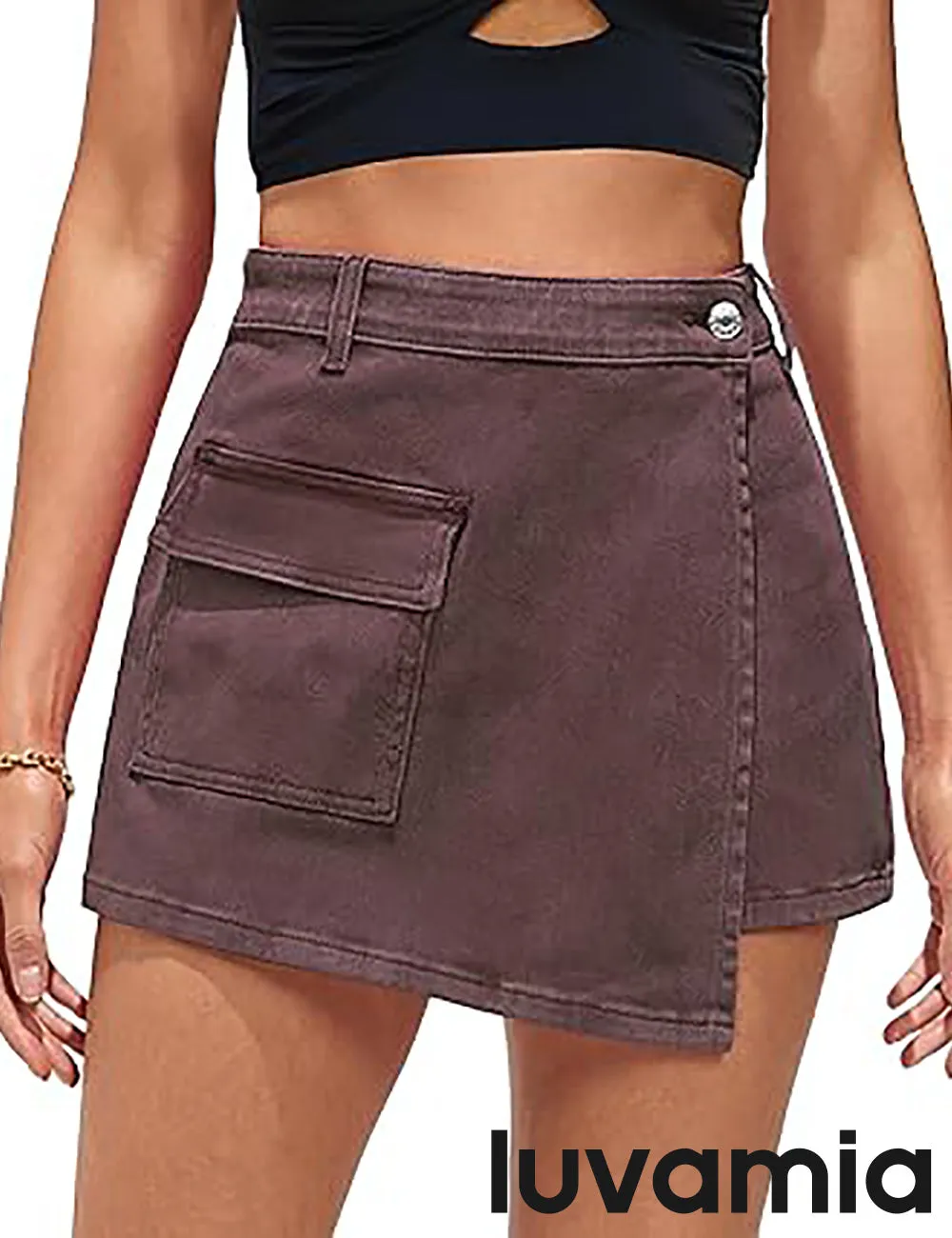 LUVAMIA Denim Skorts for Woman Cargo Faux Wrap Jean Skort Skirts Stretchy High Waisted Skirt Shorts