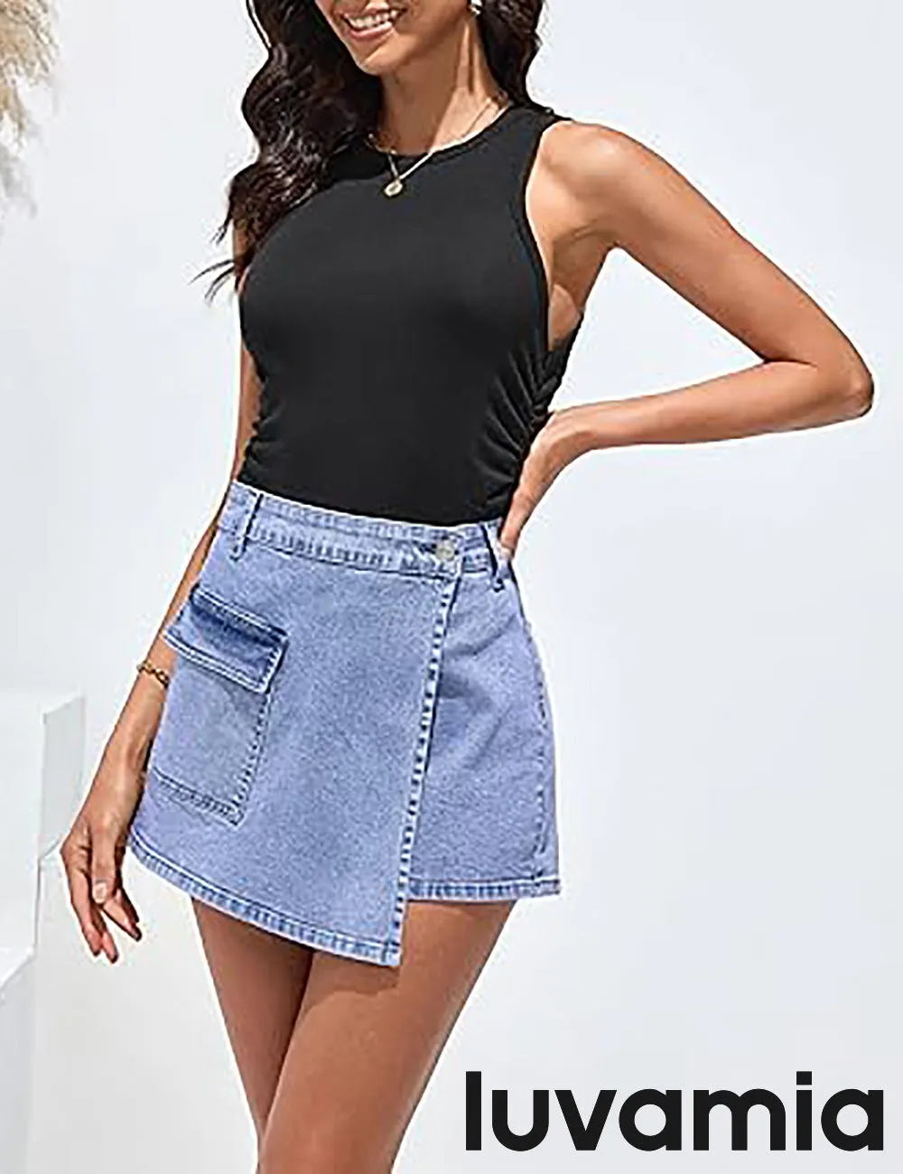 LUVAMIA Denim Skorts for Woman Cargo Faux Wrap Jean Skort Skirts Stretchy High Waisted Skirt Shorts