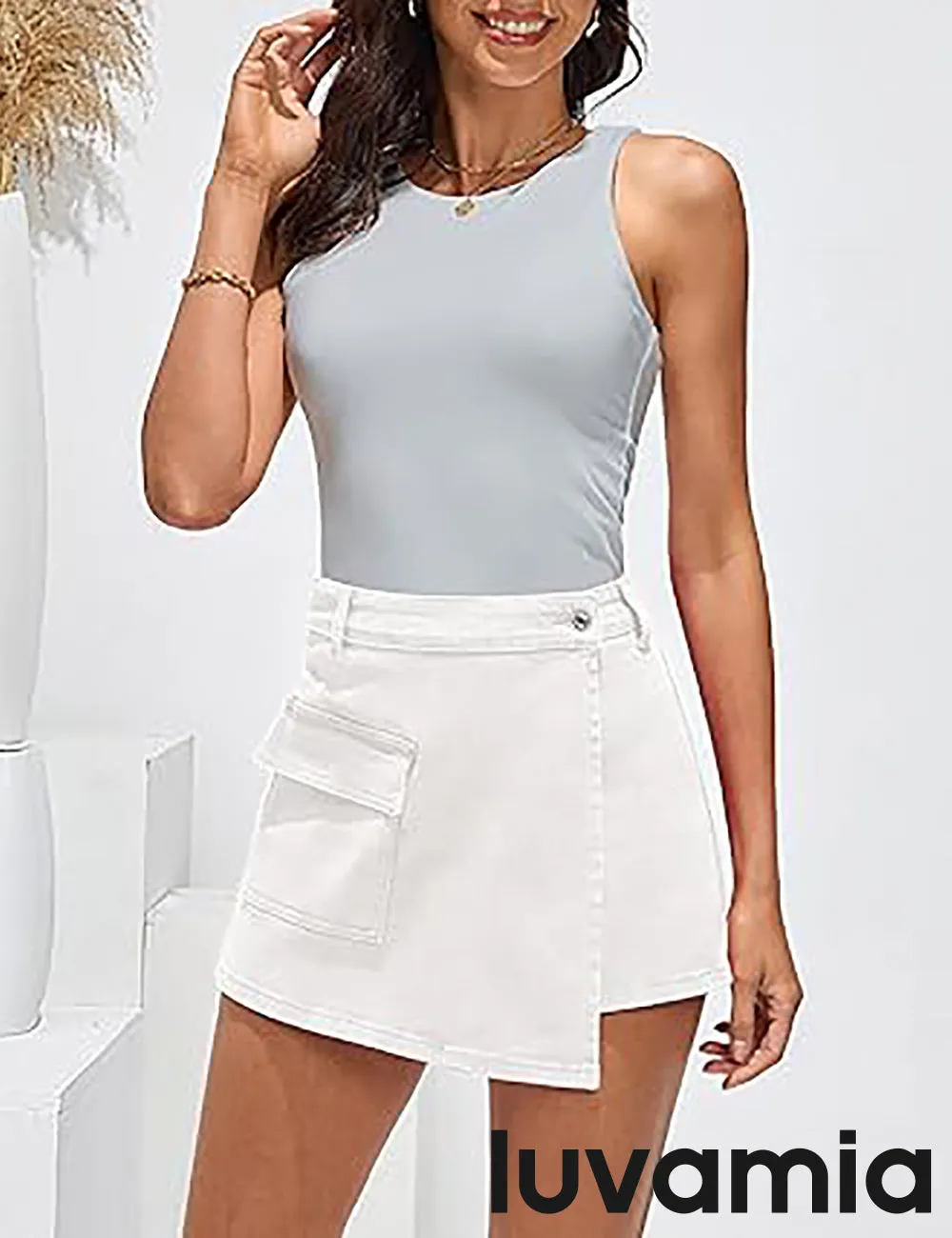 LUVAMIA Denim Skorts for Woman Cargo Faux Wrap Jean Skort Skirts Stretchy High Waisted Skirt Shorts