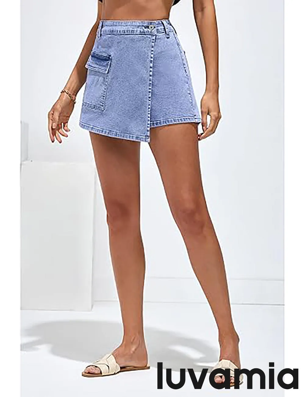 LUVAMIA Denim Skorts for Woman Cargo Faux Wrap Jean Skort Skirts Stretchy High Waisted Skirt Shorts