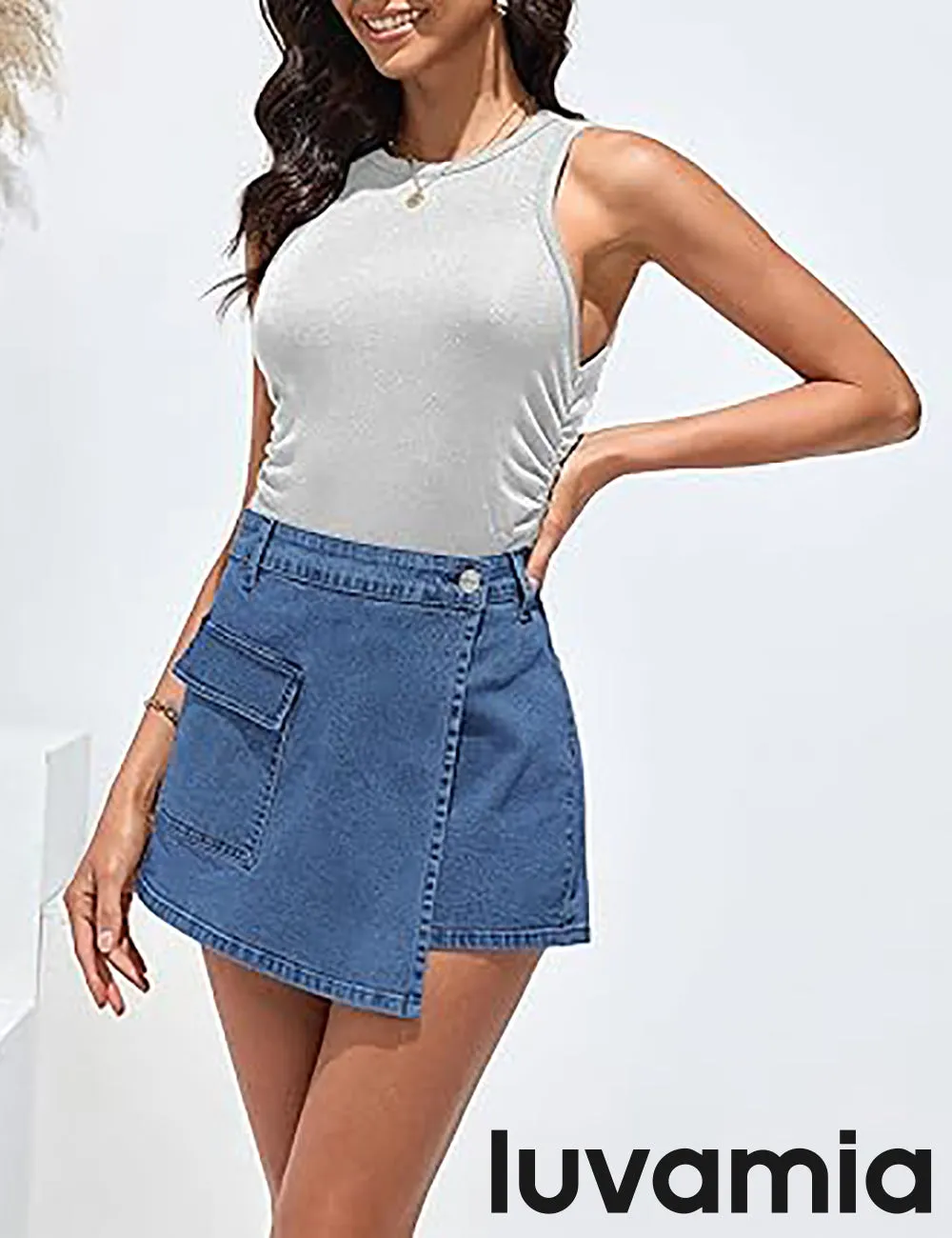 LUVAMIA Denim Skorts for Woman Cargo Faux Wrap Jean Skort Skirts Stretchy High Waisted Skirt Shorts