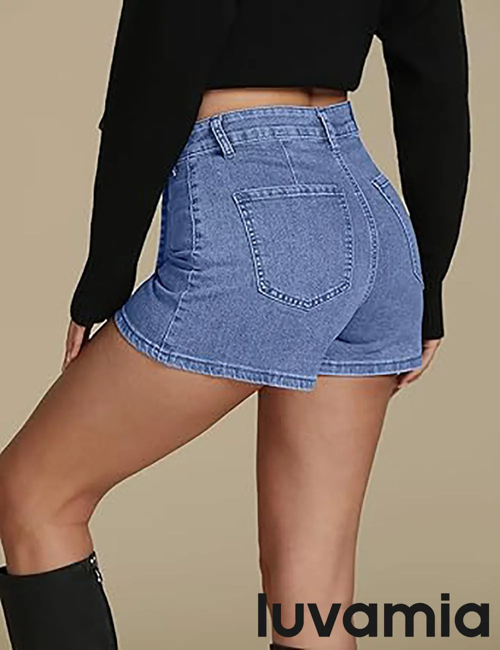 LUVAMIA Denim Skorts for Woman Cargo Faux Wrap Jean Skort Skirts Stretchy High Waisted Skirt Shorts