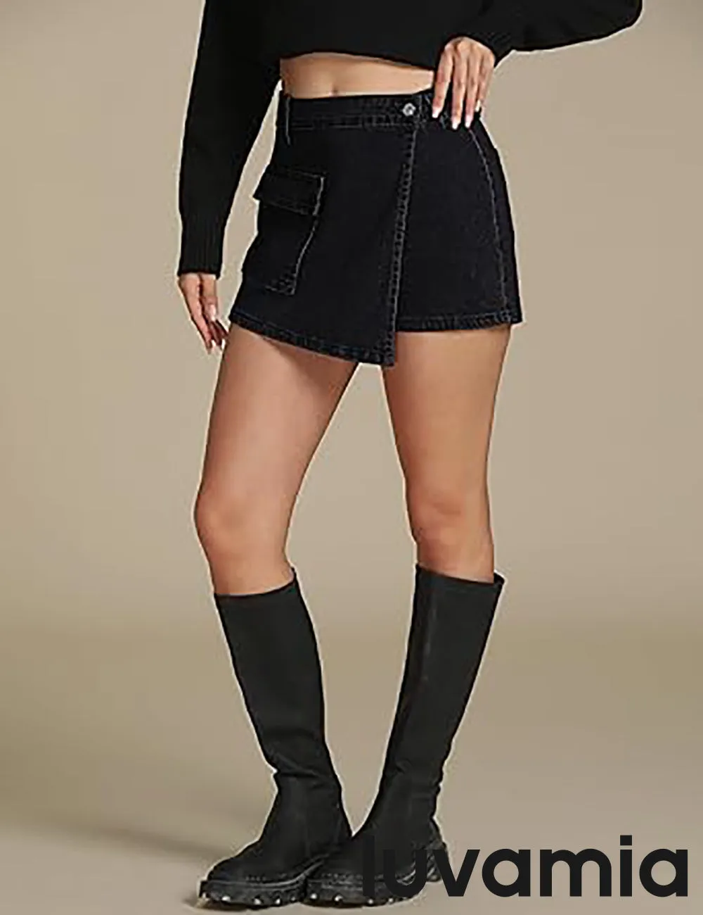 LUVAMIA Denim Skorts for Woman Cargo Faux Wrap Jean Skort Skirts Stretchy High Waisted Skirt Shorts