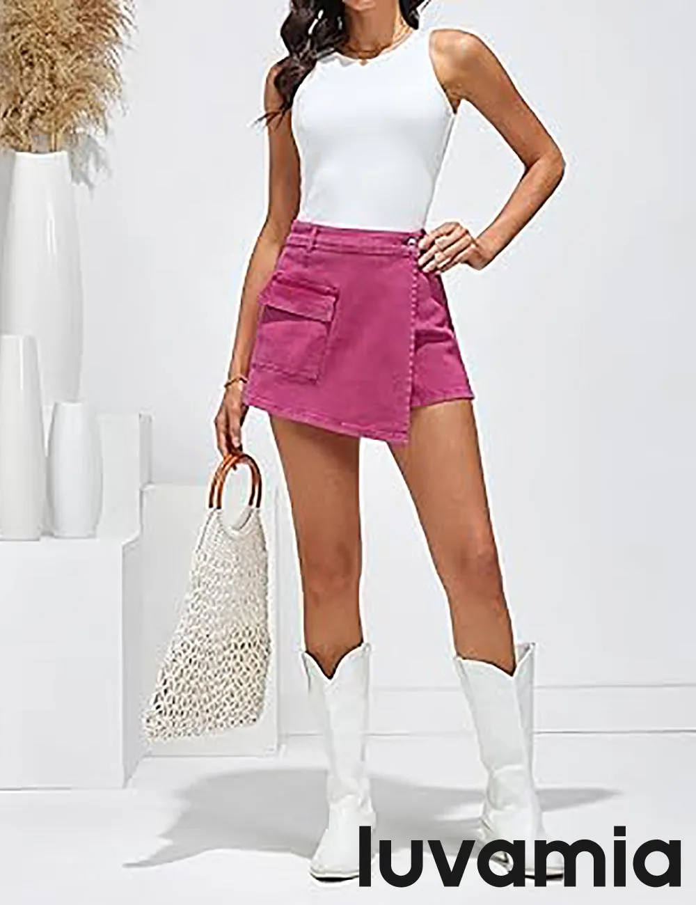 LUVAMIA Denim Skorts for Woman Cargo Faux Wrap Jean Skort Skirts Stretchy High Waisted Skirt Shorts