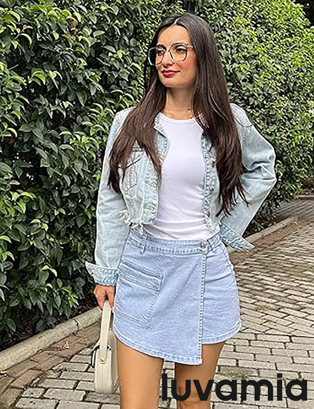 LUVAMIA Denim Skorts for Woman Cargo Faux Wrap Jean Skort Skirts Stretchy High Waisted Skirt Shorts