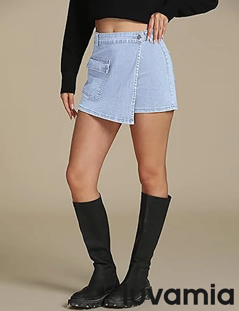 LUVAMIA Denim Skorts for Woman Cargo Faux Wrap Jean Skort Skirts Stretchy High Waisted Skirt Shorts