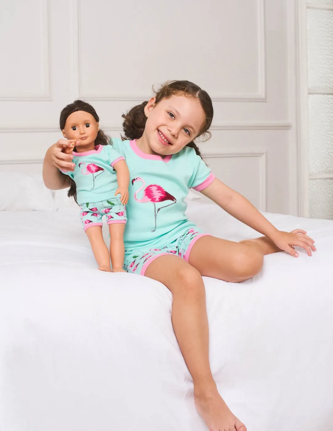 Matching Girl and Doll Short Cotton Flamingo Pajamas