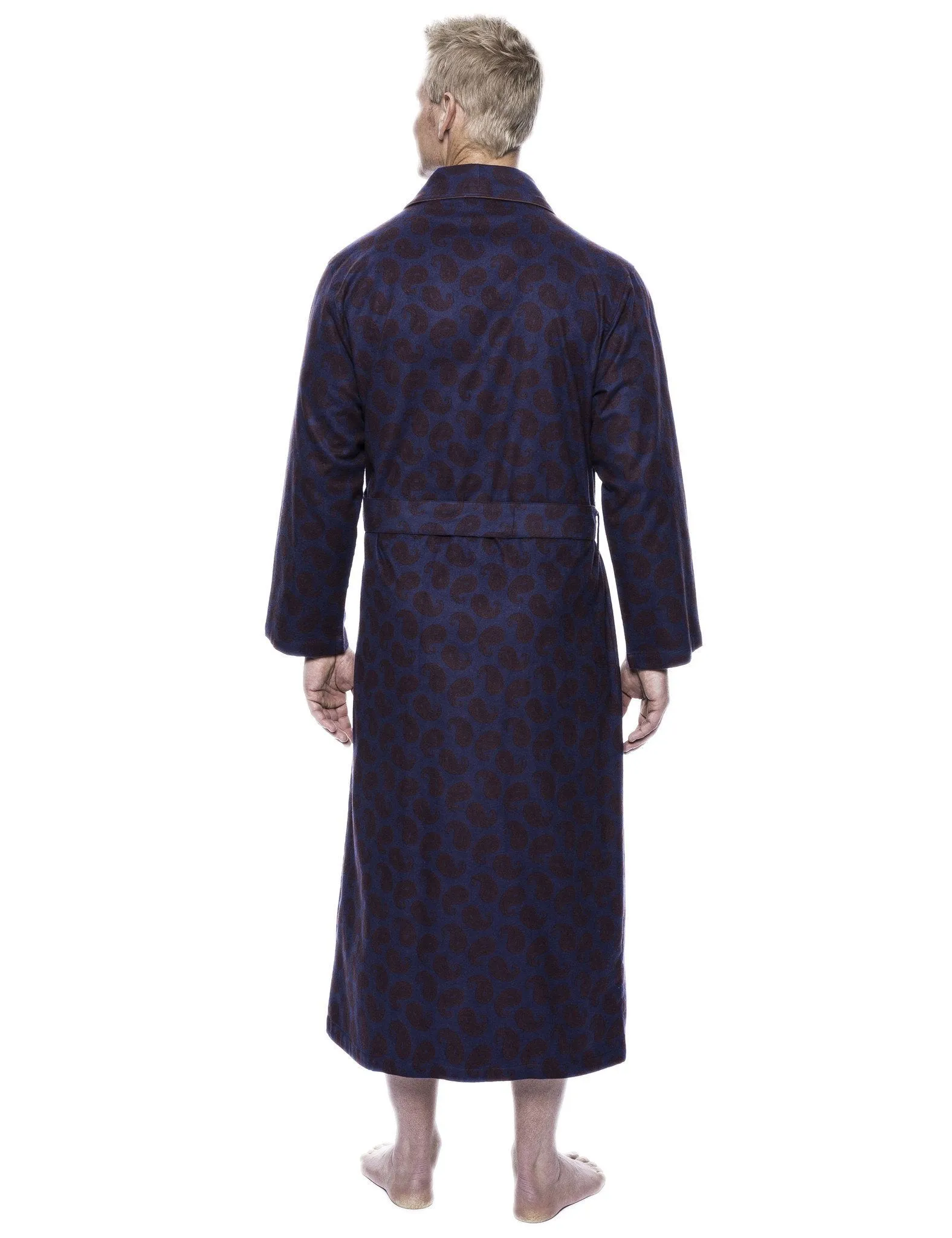 Men's 100% Cotton Flannel Long Robe - Paisley Navy/Brown