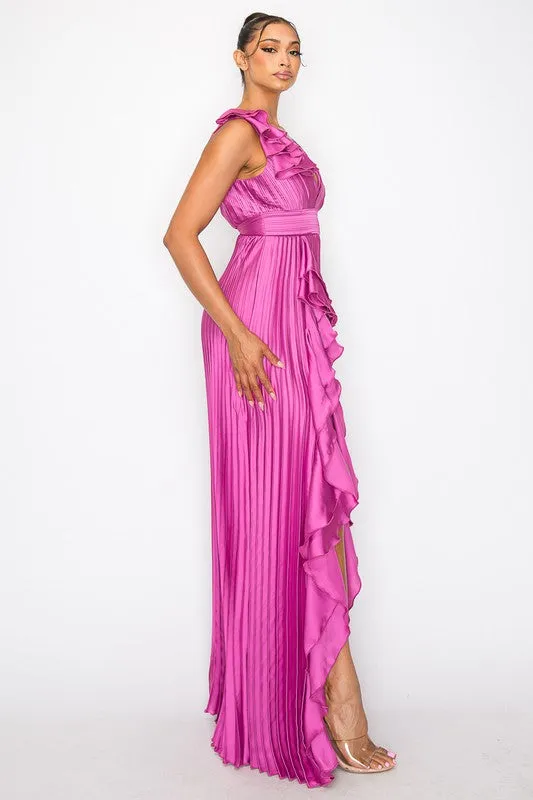 Mulberry Satin Pleated Maxi Dress With Slit