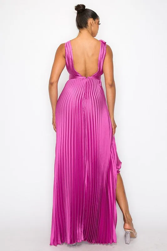 Mulberry Satin Pleated Maxi Dress With Slit