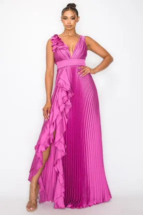 Mulberry Satin Pleated Maxi Dress With Slit
