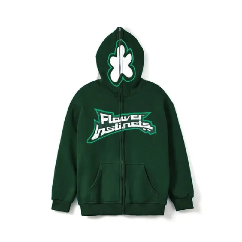 Neutral Casual Loose Oversized Flower Embroidery Zipper Hoody