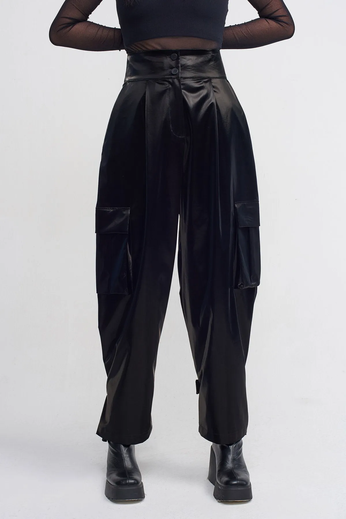 Nu Shiny Cargo Pocket Trousers Black