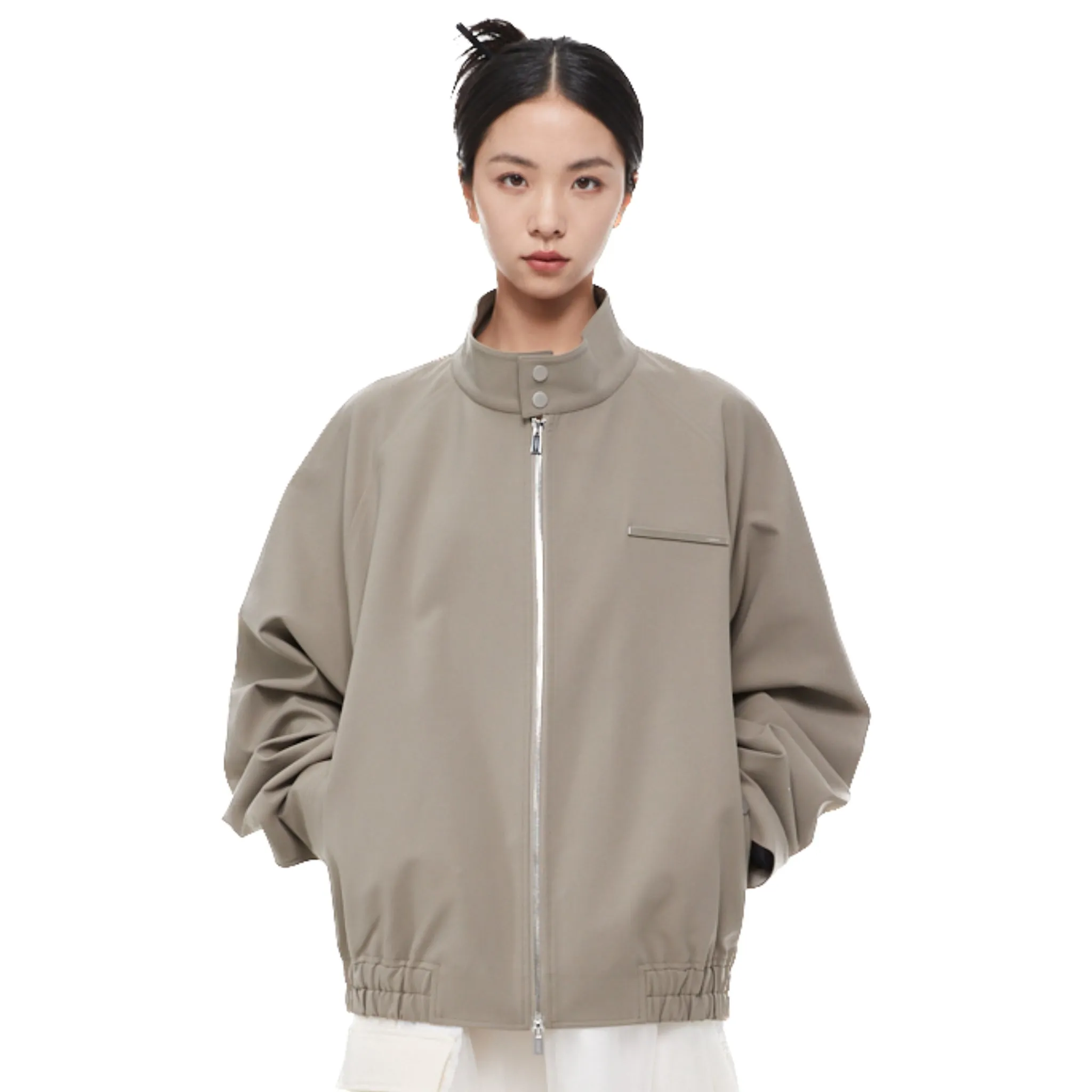 Olive Green Metal Chain Standing Collar Jacket