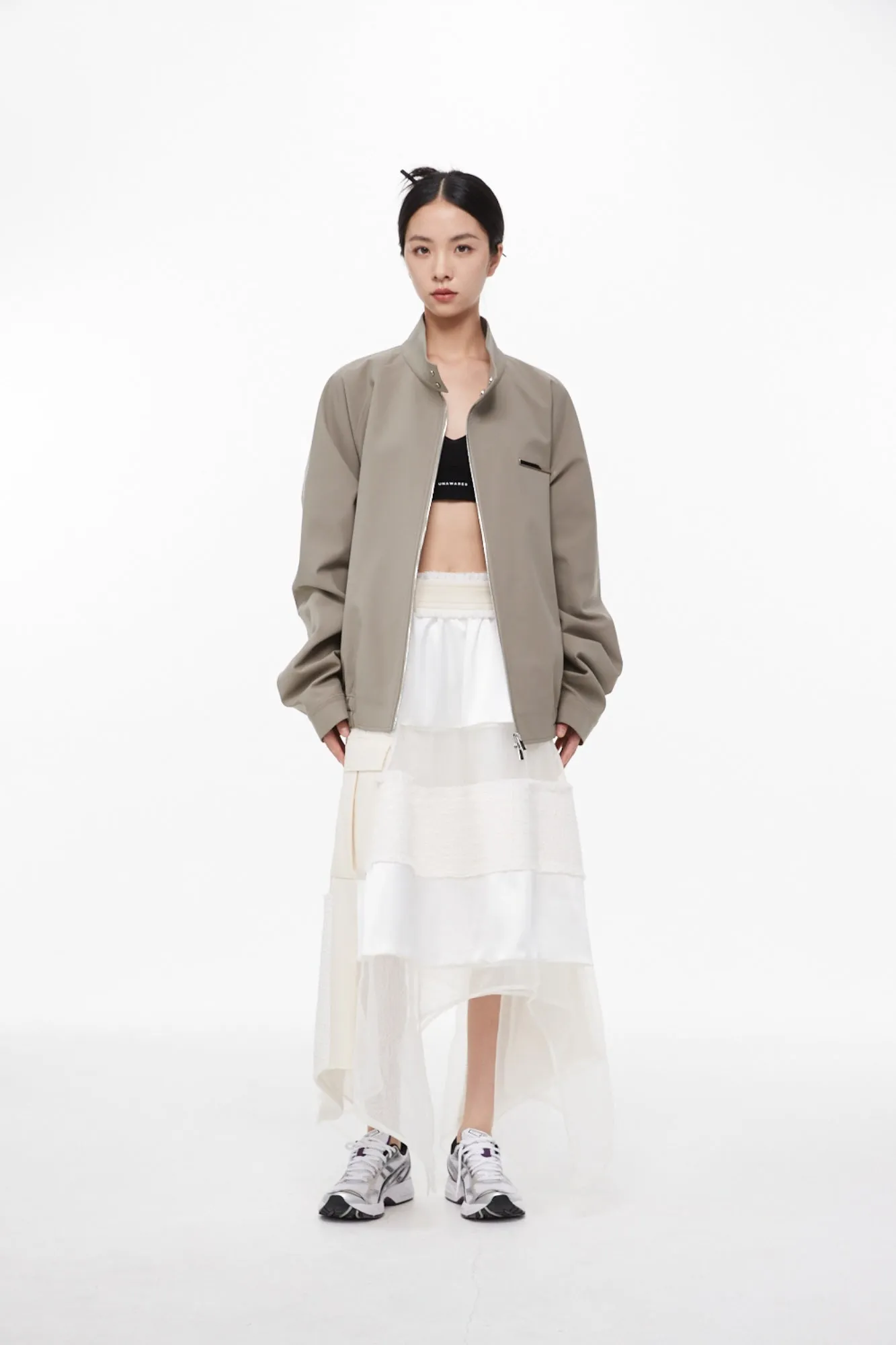 Olive Green Metal Chain Standing Collar Jacket
