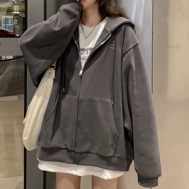 Oversized Solid Color Zip Up Sweatshirt