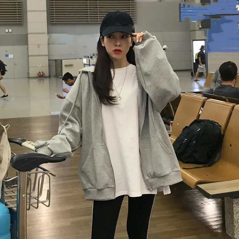 Oversized Solid Color Zip Up Sweatshirt