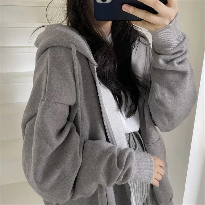 Oversized Solid Color Zip Up Sweatshirt